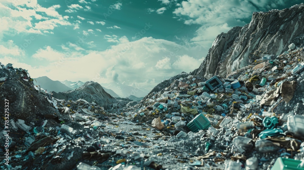 Poster A pile of garbage on a mountain with mountains in the background. Suitable for environmental issues