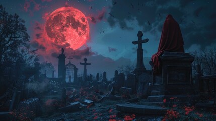 A spooky cemetery scene with a full moon in the background. Suitable for Halloween themes