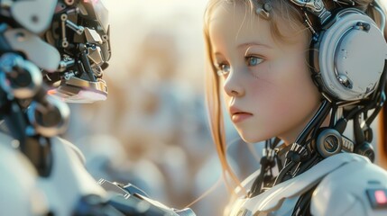 A young girl wearing headphones while looking at a robot. Suitable for technology and education concepts