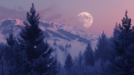 A scenic view of a full moon rising over a snowy mountain. Suitable for nature and landscape themes