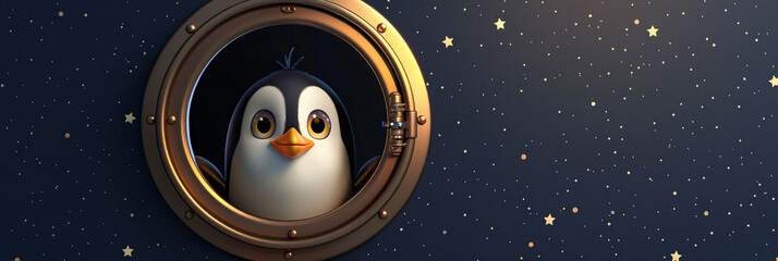 Penguin Looking Through Porthole with Starry Background

