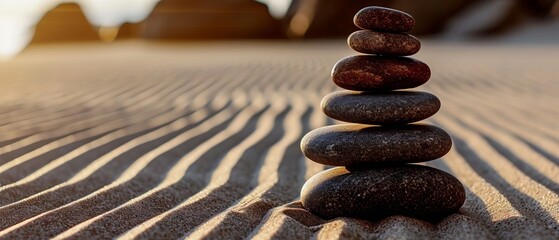 Pebble Cairn in Soft Sand with Golden Light