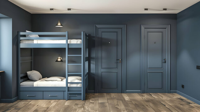 A wall, a wardrobe and a door in a room painted in blue and navy. Bunk bed in grey with drawers. The minimalistic layout of a boys room or hostel. Wood flooring and black stains