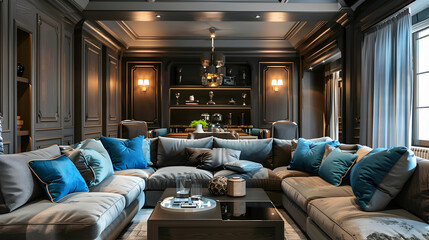 Big living room with blue pillows and an upholstered grey sofa. Wall panels and furniture made of black wood. light and a grey ceiling with niches - obrazy, fototapety, plakaty