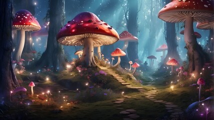 Fantasy forest with fairy dwellings and shimmering mushrooms - obrazy, fototapety, plakaty