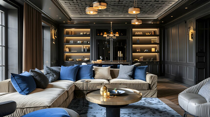 Big living room with blue pillows and an upholstered grey sofa. Wall panels and furniture made of black wood. light and a grey ceiling with niches - obrazy, fototapety, plakaty