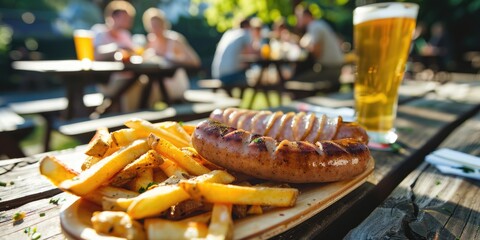 A plate of french fries and a hot dog on a picnic table. Perfect for food and outdoor dining concepts - obrazy, fototapety, plakaty