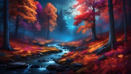 vibrant A breathtakingly gorgeous forest with spectacular fall color at night. A dimly lit, fantastical forest landscape at night - obrazy, fototapety, plakaty