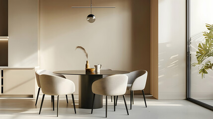 Colours of beige, taupe, and ivory in the dining lounge area. A circular black table and four...