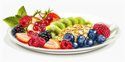 A white plate topped with fresh fruit and nuts. Ideal for healthy eating concept