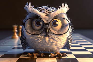 Owl Wearing Glasses on Chessboard


