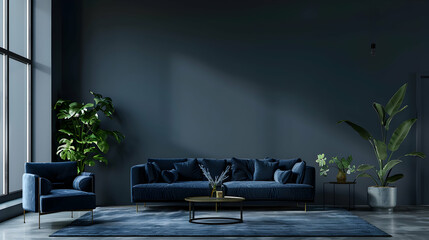 Deep, dark colours for a living room or business lounge. Grey and blue-navy combined. Mockup of an empty wall with a painted background and luxurious furniture