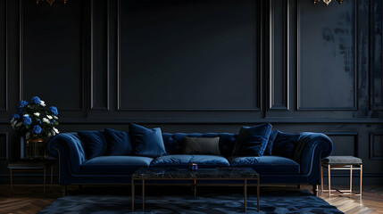 Deep, dark colours for a living room or business lounge. Arrange blue, navy, and grey furniture. Mockup of an empty wall with a black background and ornamental wood