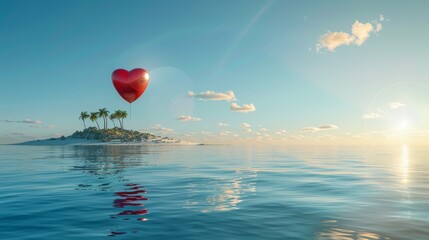 A heart-shaped balloon hovers above a body of water, showcasing a whimsical and romantic sight against the serene backdrop.