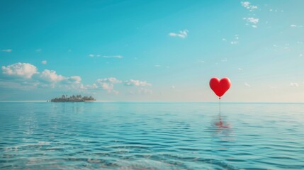 A heart shaped balloon drifts on the surface of the ocean, gently bobbing with the waves under the clear sky. - 783275978