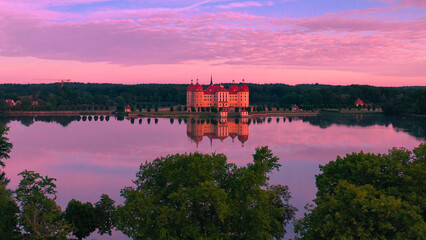 Aerial drone view of medieval water castle Moritzburg Saxony-Anhalt Germany Europe