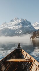 Boat sailing on water with mountains in background