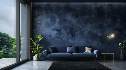 Elegant living room featuring a tiny couch in blue and navy. Use silk texture or decorative deep black plaster stucco microcement to create an accent empty wall. dark modern house with interior design