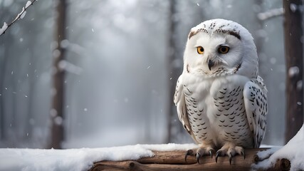 charming owl on a wintry day in a forest. Snow Owl holding a missive.