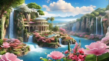 A paradise with lovely gardens, waterfalls, and flowers; a dreamy, picturesque backdrop filled with an abundance of eden's blossoms