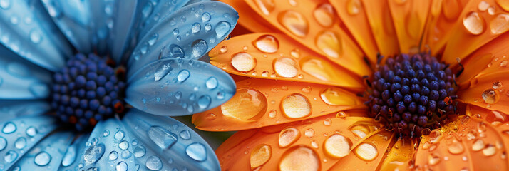 Close-up of dewdrops on blue and orange petals, showcasing natures vibrant dichromatic beauty.