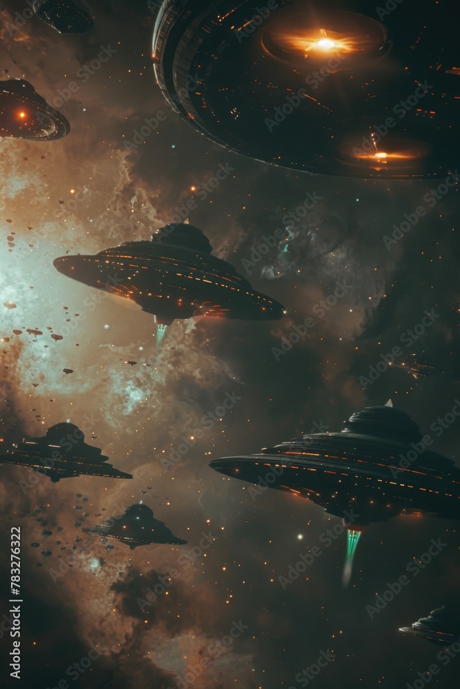 Poster Group of spaceships flying through space. Suitable for science fiction projects