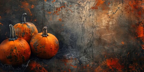 Three orange pumpkins sitting on a table, perfect for autumn decorations - obrazy, fototapety, plakaty