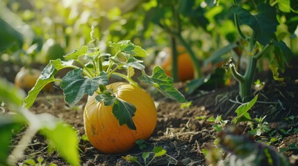 A pumpkin sitting in the middle of a field. Suitable for autumn themes