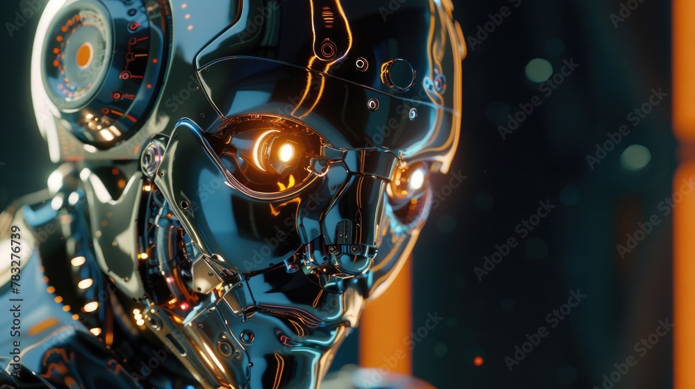 Poster a close-up of a robot's head with glowing eyes. perfect for technology and science fiction themes