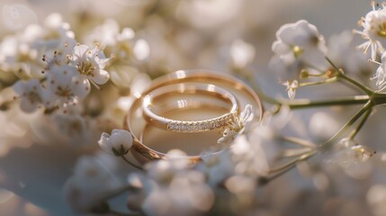 Wedding rings placed on a delicate white flower, perfect for wedding invitations or bridal blogs - obrazy, fototapety, plakaty