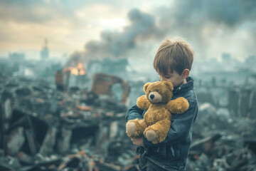 A boy kids holding teddy bear over city burned destruction of an aftermath war conflict, earthquake or fire and smoke of political world war against children innocence concept. - obrazy, fototapety, plakaty