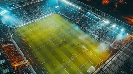 Illuminated Spectacle: Aerial View of Soccer Stadium Under the Night Sky