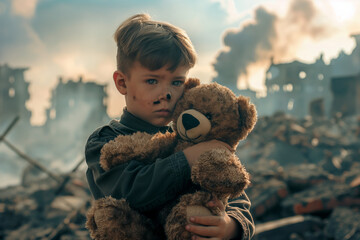 A boy kids holding teddy bear over city burned destruction of an aftermath war conflict, earthquake or fire and smoke of political world war against children innocence concept.
