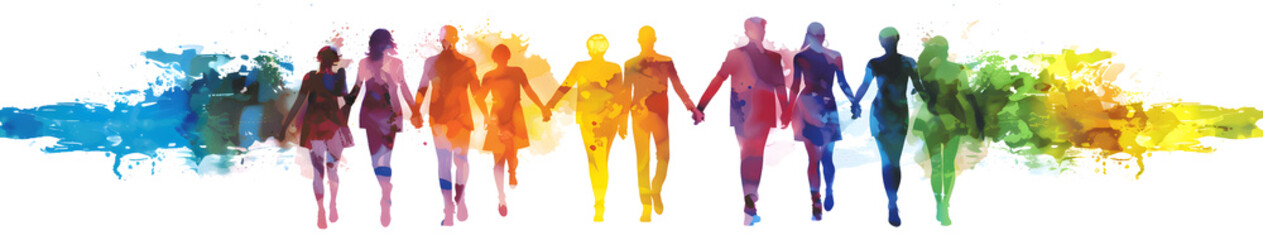 Colorful silhouette of diverse people forming a team, strong together - obrazy, fototapety, plakaty