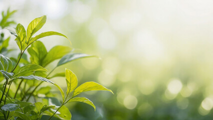 Obraz premium A leafy green plant with a bright green color green blurred background in subtle bokeh at back, with copy space