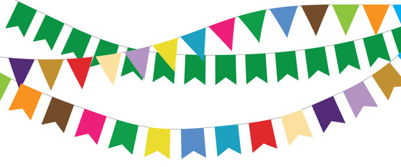 Obraz premium Carnival garland with flags isolated on white background. Decorative colorful pennants for birthday celebration, festival and bright decoration ideas 12