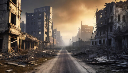 Post-apocalyptic ruined city. Destroyed buildings and ruined roads. Destruction and decay.