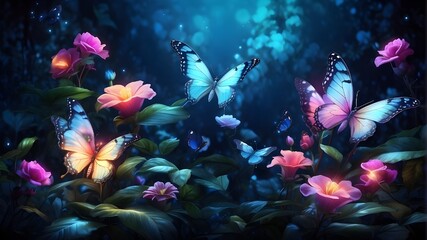 luminous flowers and gorgeous butterflies as enchanted fairies, vibrant fantasy forest greenery at night, and bioluminescent wildlife as a background for a wallpaper