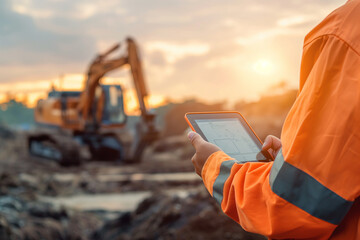 civil engineer working holding use tablet at construction site with heavy building machine excavator working under sunset.