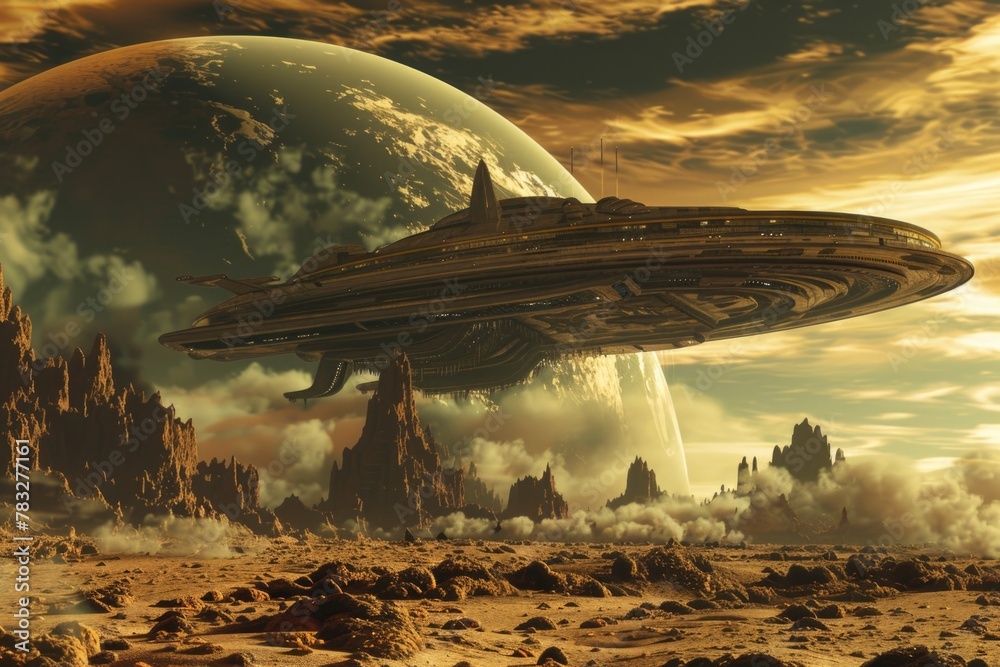 Aufkleber a spaceship soaring over a rocky desert landscape. suitable for sci-fi and space exploration concept