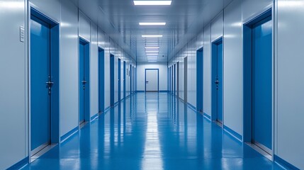 Obraz premium Clean and modern blue hallway in medical facility