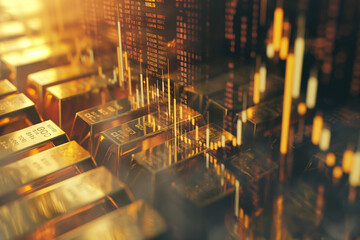 Double exposure Gold bars Halving with Technical financial gold bars of the world market graph.
