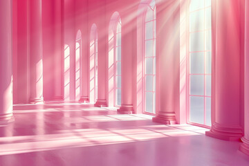Sunlight bathes a grand hallway with arched windows in soothing pink tones, creating a dreamy, ethereal atmosphere