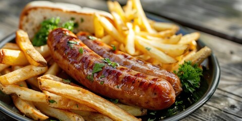 A plate with French fries and a hot dog. Suitable for food concepts