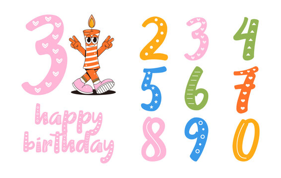 Happy birthday banner in retro groovy style. Vintage walking character and numbers. Funky mascot psychedelic smile. Vector illustration