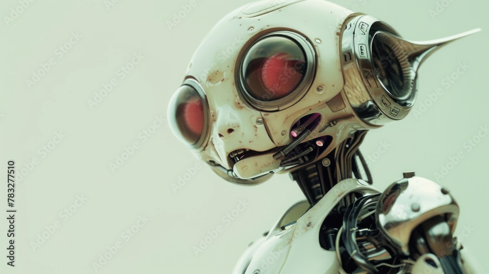 Poster detailed close up of a robot with striking red eyes. perfect for technology concepts