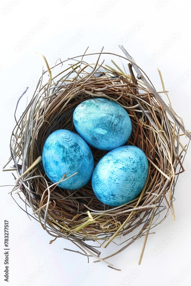 Poster Three blue eggs in a nest on a white surface. Suitable for various spring and Easter themed projects