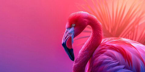 Naklejka premium Vibrant Pink Flamingo Portrait Against Radiant Gradient Background
