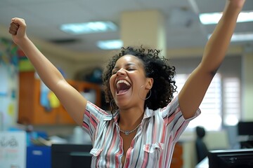 Ecstatic Businesswoman Celebrating Success with Arms Raised in Office Environment
