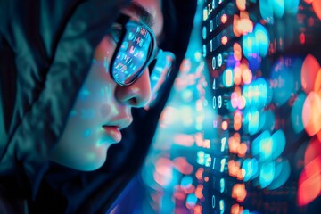 Close-Up of Female Hacker with Reflective Glasses Looking at Glowing Code on Monitors in Neon Lit Room
